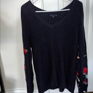 AE purple vneck sweater with floral sleeves